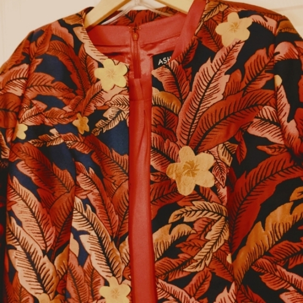 ASHRO 2PC Red Coral Dress & Bell Sleeve Floral Red Coral Black Gold  Jacket 8 - Picture 4 of 14